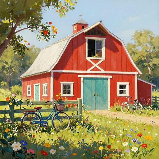 Bright Gouache Red Barn Scene