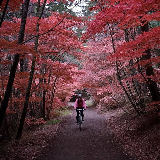 Photograph of a cyclist in a pink jacket, riding down a forest path surrounded by vibrant red autumn leaves, creating a striking, colorful tunnel effect.