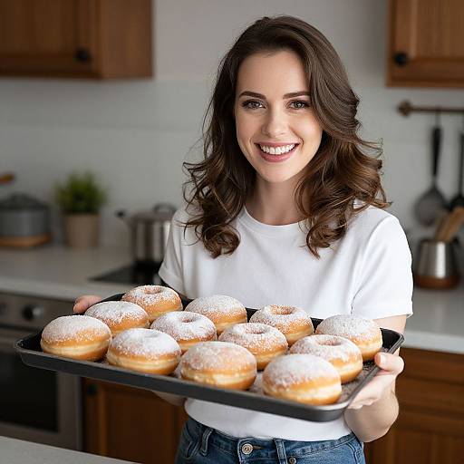 Smiling woman with wavy brown hair, wearing a white shirt, holding a tray of powdered donuts in a cozy kitchen. Photographic image.