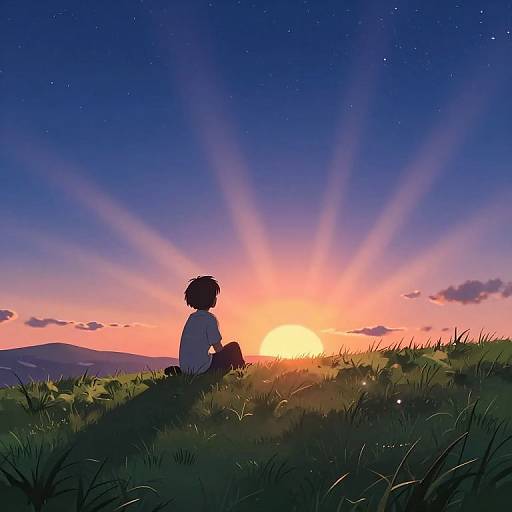 Silhouetted anime boy sits on grassy hill, watching vibrant sunset with radiant beams and starry night sky in the background. Digital art.