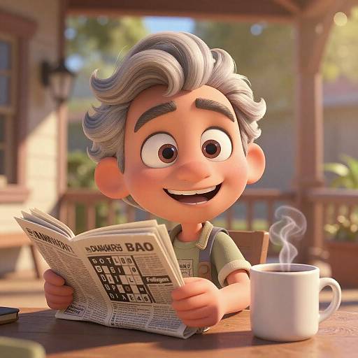3D Animated Elderly Man Reading Newspaper with Coffee