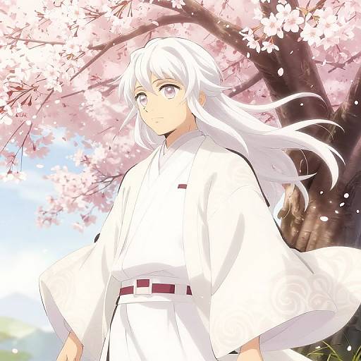 Anime-style digital drawing of a white-haired character in a white kimono, standing under blooming cherry blossoms with a blue sky background.