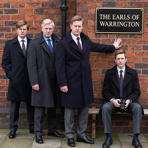 Four Men Standing by Red Brick Wall with Sign