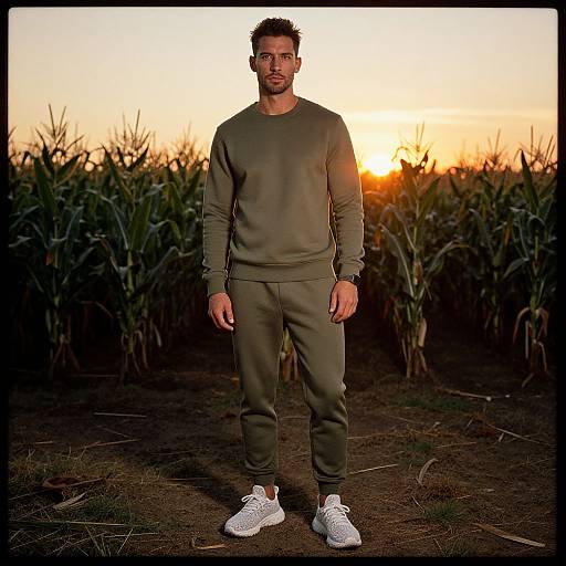 Photograph of a fit, bearded man in olive green sweatshirt and pants, white sneakers, standing in a sunlit cornfield at sunset.