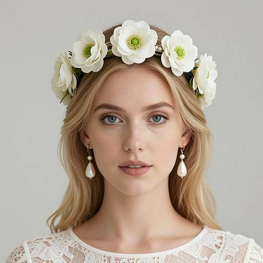 Photograph of a blonde woman with blue eyes, wearing a white flower crown, lace top, and pearl drop earrings, against a plain light gray background