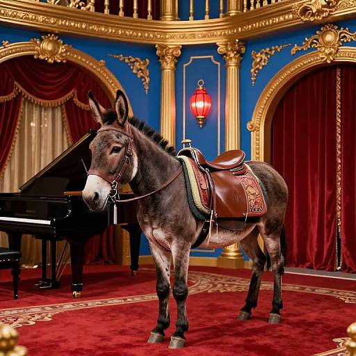Photograph of a dark brown donkey with a brown leather saddle, standing on a red carpet in an opulent room with blue walls, gold accents