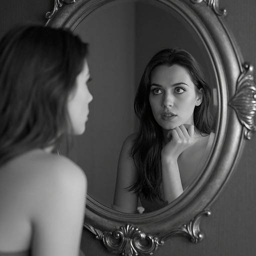 Monochromatic photograph of a woman with long dark hair, reflected in an ornate oval mirror, gazing thoughtfully with her hand resting on her