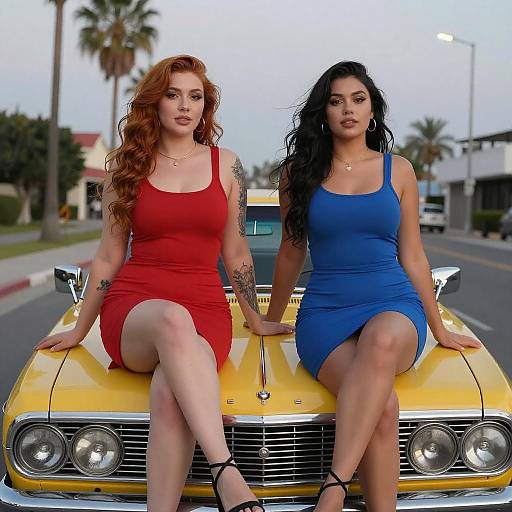 Curvy Women on Vintage Car Hood