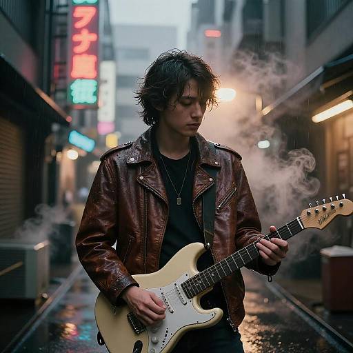 Retro Futuristic Musician in Neon Tokyo Alley