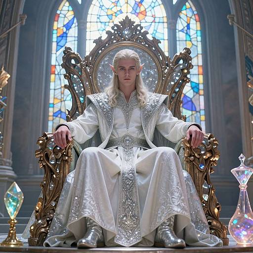 Photorealistic digital artwork of a white-haired, elven man with pointed ears, wearing an ornate silver robe and boots, sitting on a glitter