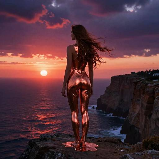 Photograph of a woman with long hair, wearing shiny, red metallic bodysuit, standing on cliff at sunset, ocean, and dramatic clouds in