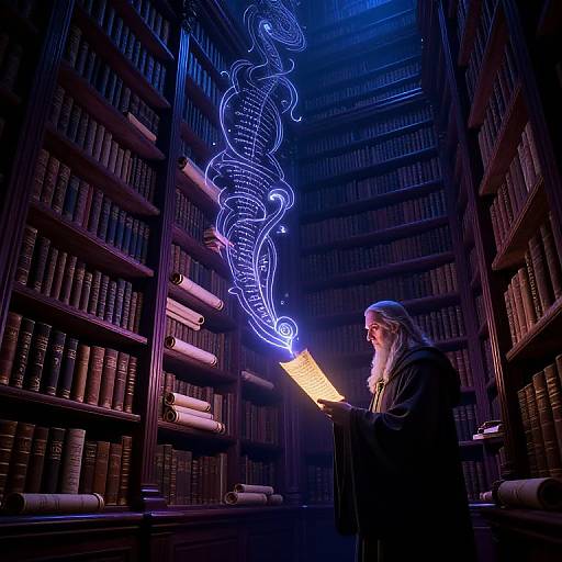 Photograph of an elderly man with a white beard and blue headscarf, holding a glowing yellow scroll, surrounded by bookshelves, with a
