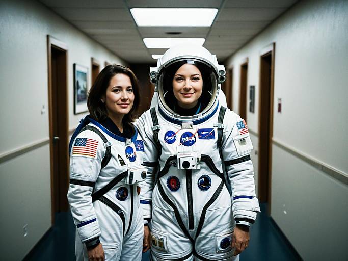 Photograph of two smiling women in NASA spacesuits standing in a hallway, with American flags on their sleeves, under bright overhead lights.
