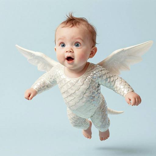 CGI image of a cherubic baby with blue eyes, short brown hair, and white, scaly angel wings, mid-flight against a light blue