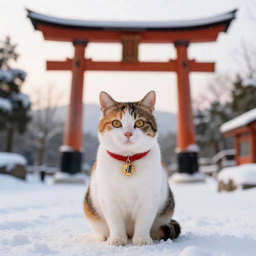 Calico Cat Sitting in Snow by Torii Gate