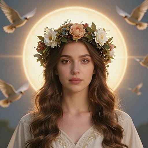 Photorealistic digital portrait of a young woman with long brown hair, wearing a flower crown and white dress, surrounded by flying doves, glowing sun