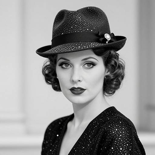 Black-and-white photograph of a vintage-style woman with short, curled hair, dark lipstick, wearing a sparkling black hat and jacket.
