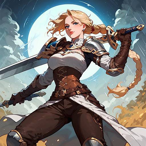 Digital artwork of a blonde, blue-eyed warrior woman with braided hair, wielding a sword, wearing armored gloves and black pants, against a bright full