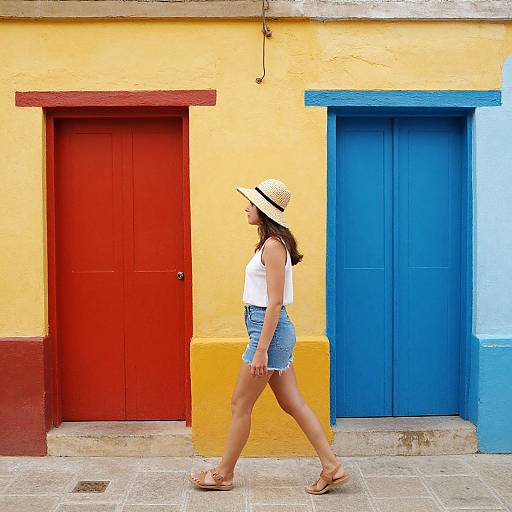 Woman in Straw Hat by Colorful Walls
