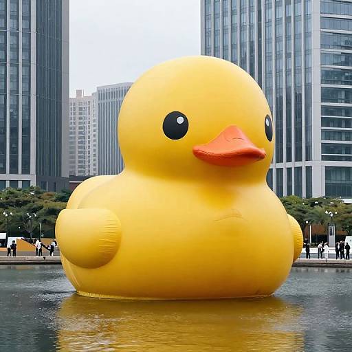 Photograph of a large, inflatable yellow rubber duck with orange beak and black eyes, floating in a city fountain, surrounded by tall glass skyscrap