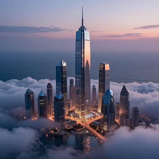 Photograph of the One World Trade Center and surrounding skyscrapers glowing at sunset, surrounded by clouds, with a pink and blue sky in the background
