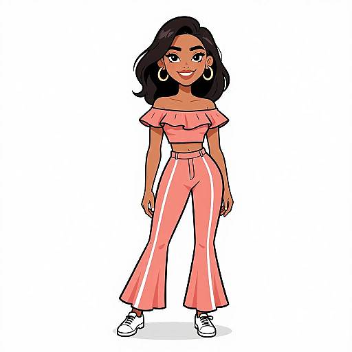 Digital drawing of a smiling woman with dark skin, black hair, wearing an off-shoulder pink crop top and high-waisted pink pants,