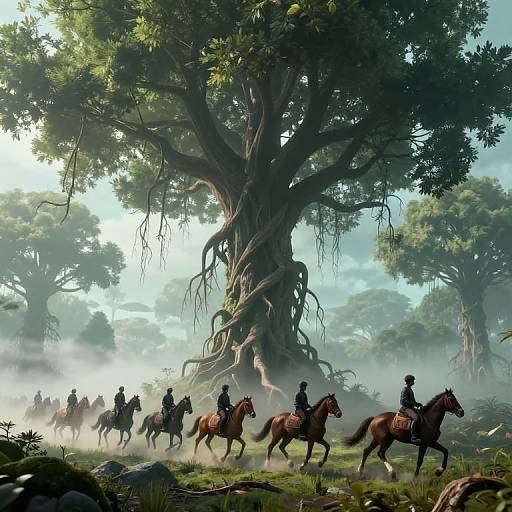 Digital fantasy artwork of a group of mounted riders, cloaked figures, riding through a misty, sunlit forest with towering ancient trees.