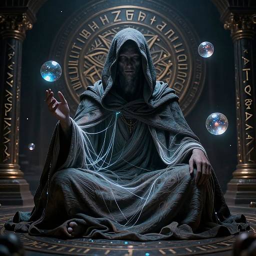 Photorealistic digital artwork of a hooded, robed figure sitting cross-legged, levitating glowing orbs with illuminated threads, in a mystical, dark