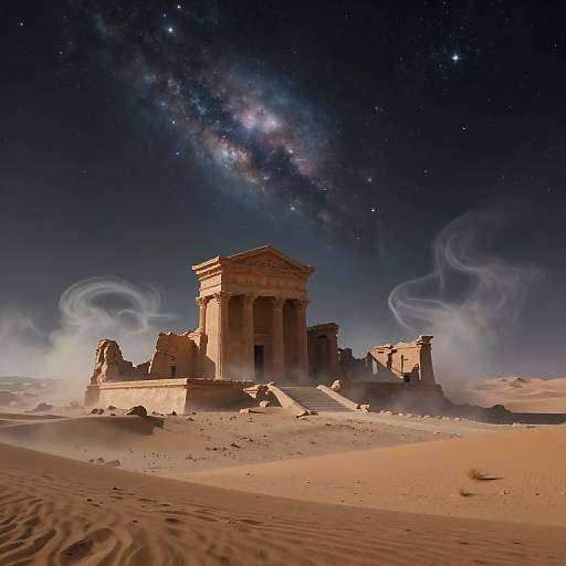 Photograph of a ancient, ruined temple in a desert at night, with a starry Milky Way galaxy overhead and ethereal smoke swirling around the structure