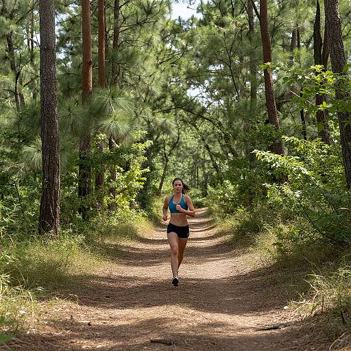 Photograph of a fit woman with long brown hair, wearing a blue sports bra and black shorts, jogging on a sunlit, pine-tree lined dirt