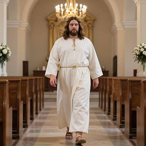 Photograph of a bearded man with long brown hair, wearing a white robe and sandals, walking down an ornate church aisle with chandeliers