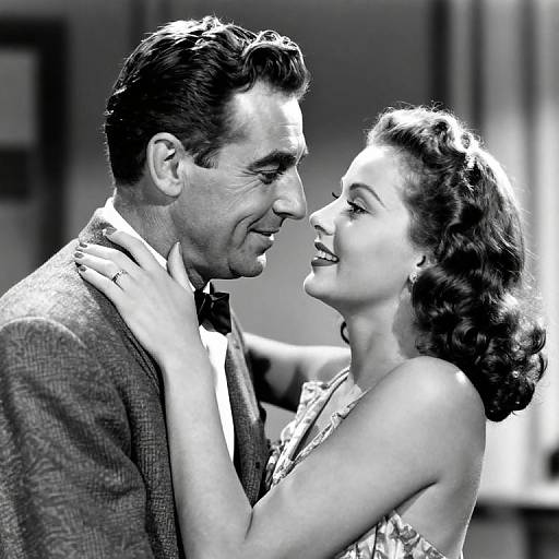 Black-and-white photograph of a smiling 1940s couple in formal attire, close-up, woman gently touching man's neck, elegant hairstyles, intimate