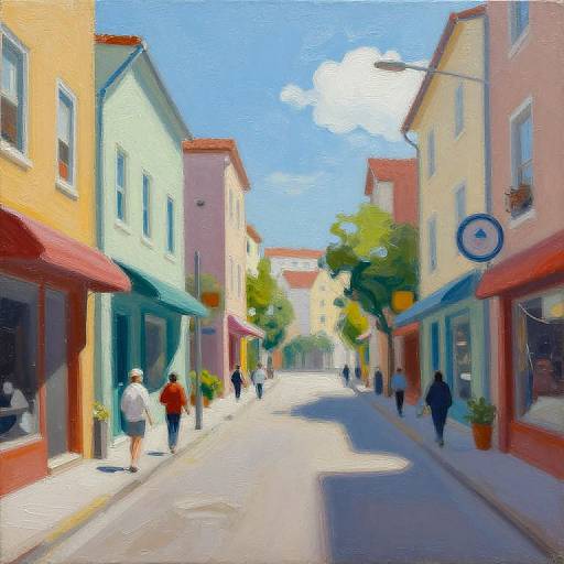 Bright, colorful street painting of a sunny, narrow town street with people walking, past pastel-colored buildings, and blue sky with clouds.