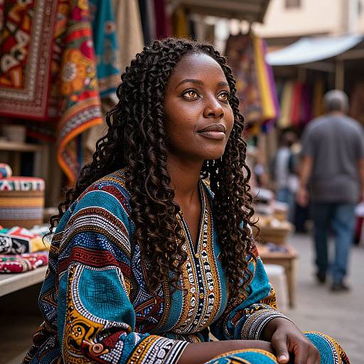 Photograph of a beautiful dark-skinned African woman with long, curly hair, wearing a colorful, patterned traditional dress, sitting in a vibrant,