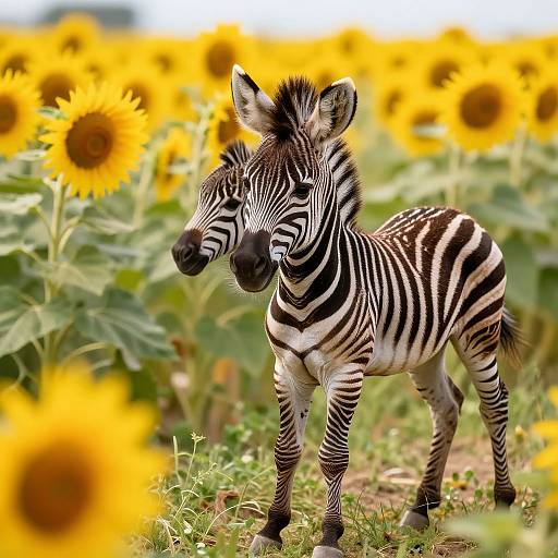 Photograph of a young zebra with black-and-white stripes standing in a sunflower field, surrounded by vibrant yellow sunflowers in the background.