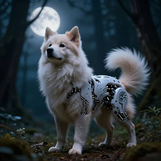 Digital artwork of a fluffy, white, cyber-enhanced wolf standing in a dark, moonlit forest, with intricate circuit patterns on its body.
