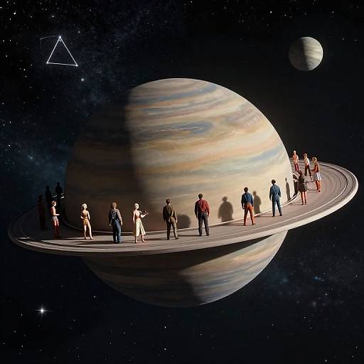 Digital artwork of humans walking on a planet's ringed moon, with Jupiter-like planet, smaller moon, and starry background, featuring a constellation triangle