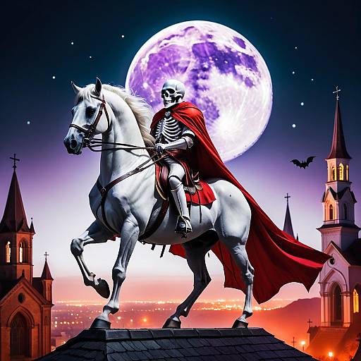 Skeleton Knight on White Horse under Full Moon