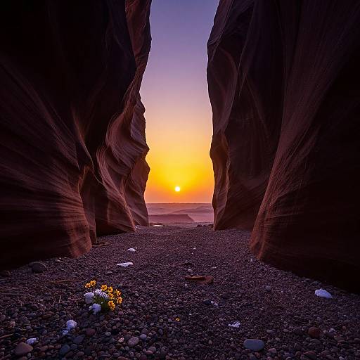 Photograph of a narrow, rocky canyon at sunset, with deep red and purple walls framing a vibrant orange and purple sky. Pebled ground with scattered