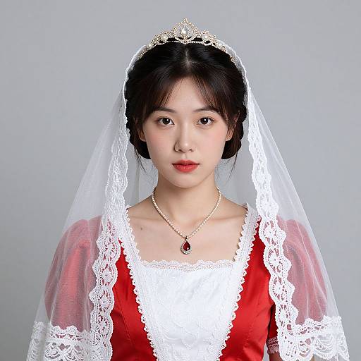 Photograph of an Asian woman with fair skin, black hair in a bun, wearing a red lace-trimmed dress, white veil, tiara