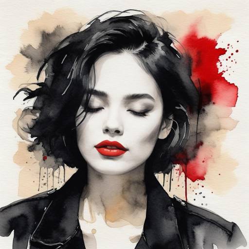 Watercolor Portrait of Woman with Red Lips