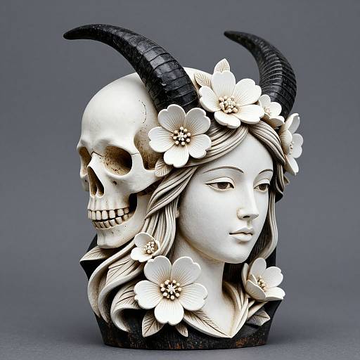 Hyperrealistic Wooden Woman and Skull Carving