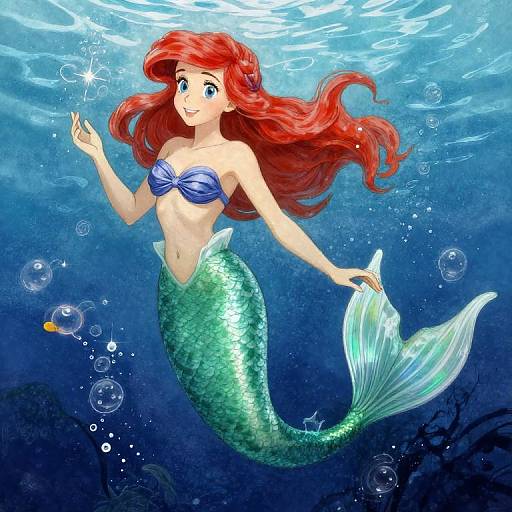Digital illustration of a beautiful red-haired mermaid with blue seashell bra, green shimmering tail, floating underwater, surrounded by bubbles.