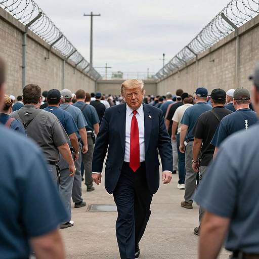 Photograph of Donald Trump in a dark suit, red tie, walking through a prison yard with a crowd of uniformed guards. Barbed wire fences