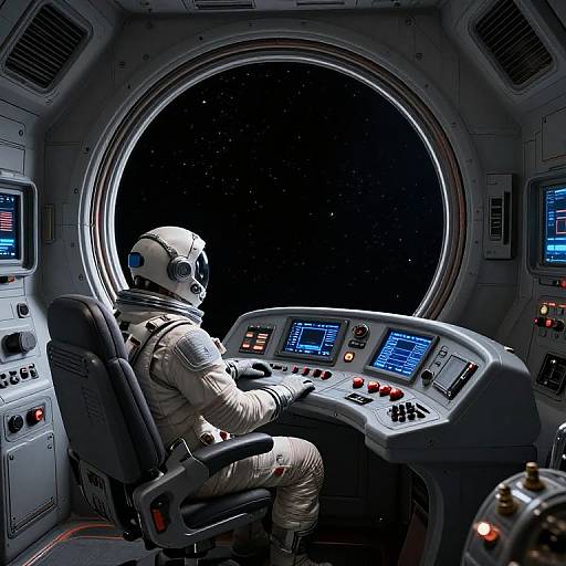 Digital art of an astronaut in a white spacesuit, seated in a spacecraft cockpit, gazing out a large circular window at a starry black space