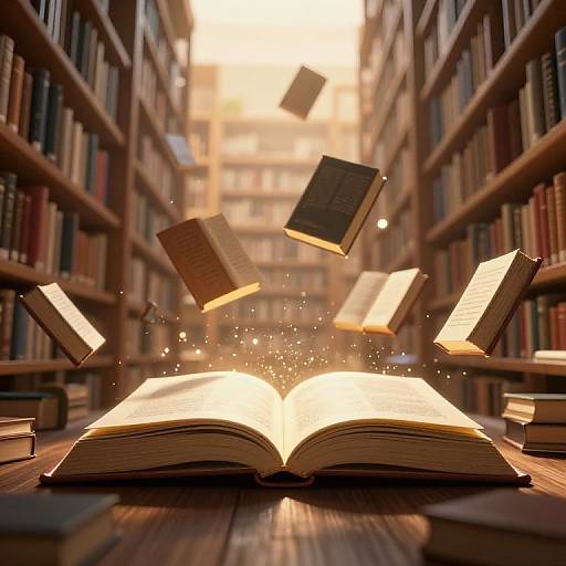 Photograph of an open book emitting glowing pages and floating books in a sunlit, wooden library with tall bookshelves.