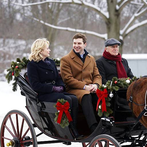 People Riding Holiday Decorated Horse-Drawn Carriage in Winter
