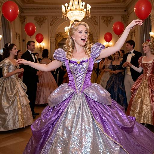 Photograph of a blonde woman in a sparkling purple and silver ball gown dancing joyfully at a lavish ball, surrounded by red balloons and elegantly dressed