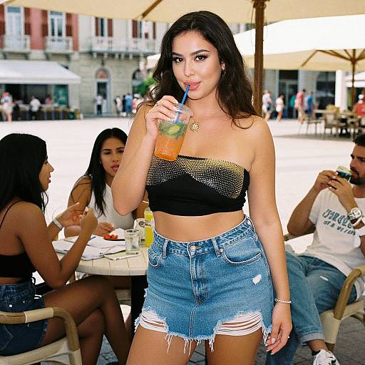 Photograph of a confident Latina woman with long black hair, wearing a sparkly black tube top and frayed denim shorts, sipping a colorful drink