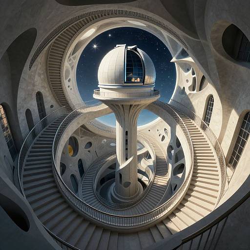 Photorealistic CGI of a futuristic observatory with a spiral staircase, dome, and starry night sky viewed from below. Curved, white concrete